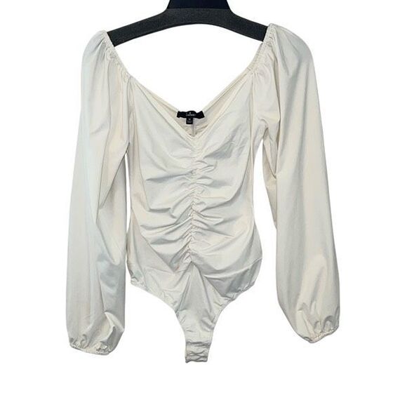 Lulus Womens V-Neck Ruched Stretch Long Sleeve Bodysuit White Medium - Picture 1 of 7